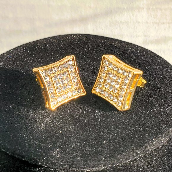 Mens 2ct Diamond 18K Gold Square Earrings Studs Silver Guys Jewelry 2 ct 18 K - Picture 7 of 7